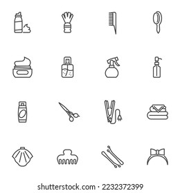 Barber shop equipment line icons set, outline vector symbol collection, linear style pictogram pack. Signs, logo illustration. Set includes icons as shaving foam, scissors, perfume spray bottle, comb