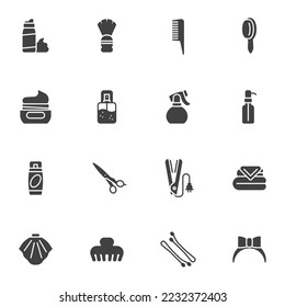 Barber shop equipment vector icons set, modern solid symbol collection, filled style pictogram pack. Signs, logo illustration. Set includes icons as shaving foam, scissors, perfume spray bottle, comb