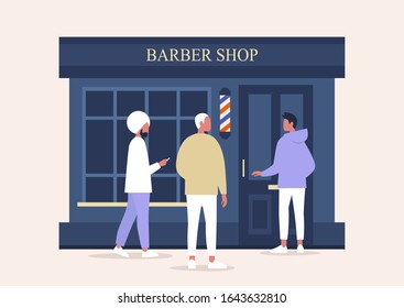 Barber Shop Exterior, Male Characters Walking And Waiting Outside, Hairdresser Salon