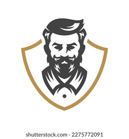 Barber shop fashion man grooming coiffure silhouette shield frame vintage icon vector illustration. Barbershop old fashioned male portrait beard mustache hairstyle gentleman hairdressing beauty salon