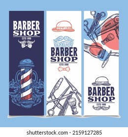 Barber shop flat banners set with beard mustache emblem and tools red blue abstract vector illustration