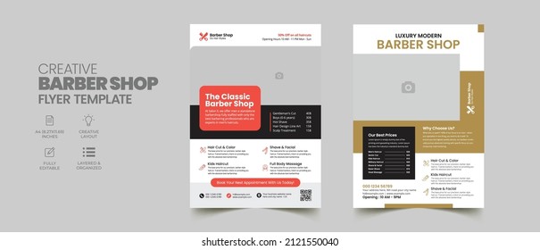 Barber shop flyer brochure cover template. Editable creative beauty salon hair cutting and spa business flyer design