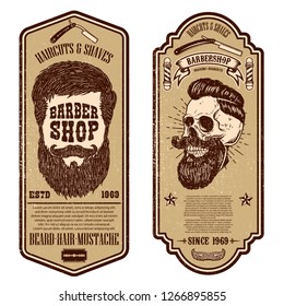 Barber shop flyer template. Barber's skull and tools on grunge background. Design element for emblem, sign, poster, card, banner. Vector illustration
