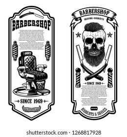 Plantilla de volante de la barbería. Silla de barbero y calavera sobre fondo blanco. Elemento de diseño para emblema, cartel, afiche, tarjeta, banner. Ilustración del vector