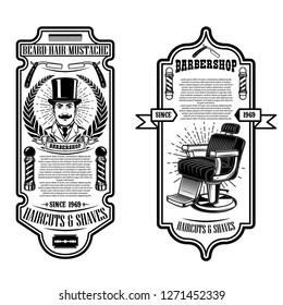 Barber shop flyer template. Gentleman,barber chair and tools. Design element for emblem, sign, poster, card, banner. Vector illustration