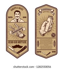 Barber shop flyer template. Barber  tools on grunge background. Design element for emblem, sign, poster, card, banner. Vector illustration