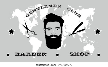 Barber shop, Gentlemen club. Hairdressing label, badge or emblem on gray background. Vector illustration