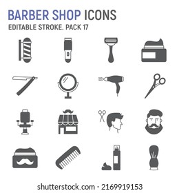 Barber shop glyph icon set, barbershop collection, vector graphics, logo illustrations, barber shop vector icons, cosmetic signs, solid pictograms, editable stroke