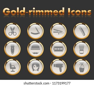 barber shop gold-rimmed vector icons with black background