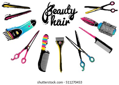 Barber shop, haircut & beauty salons banners, flyers, cards template. Inspired by fashion professional hairdressers tools.Vector illustration. Isolated elements on white background