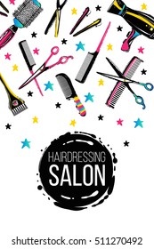 Barber shop, haircut & beauty salons banners, flyers, cards template. Inspired by fashion professional hairdressers tools.Vector illustration. Isolated elements on white background