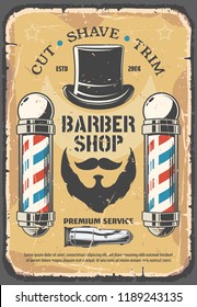 Barber shop, haircut industry service. Mustaches, beard and gentlemen hat, razor shaver icon. Cut, shave and trim services on retro vector leaflet. Haircut salon for men, vintage barbershop