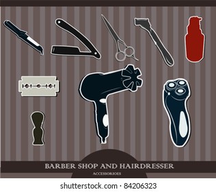 Barber Shop and Hairdresser  accessories.Vector set stickers