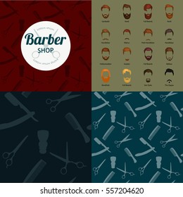 Barber Shop or Hairdresser background set with hairdressing scissors, shaving brush, razor, comb for man salon vector illustration