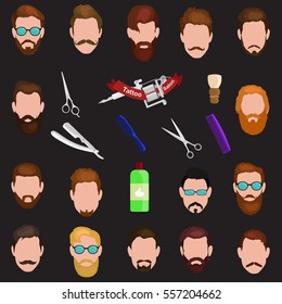 Barber Shop or Hairdresser background set with hairdressing scissors, shaving brush, razor, comb for man salon vector illustration