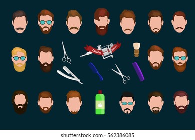 Barber Shop or Hairdresser background set with hairdressing scissors, shaving brush, razor, comb for man salon vector illustration