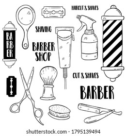 Barber Shop Hairdresser doodle set. Sketch Hand Made Vector illustration.