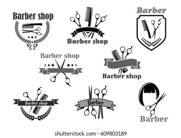 Barber shop or hairdresser salon icons. Vector symbols of hairbrush comb and scissors, hair haircut. Premium badges, wreath ribbons and stars set for coiffeur or hipster trend haircutter sign.