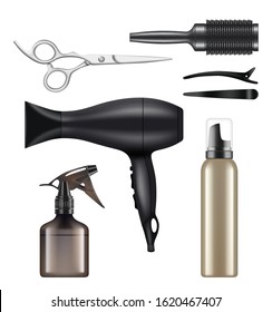 Barber shop. Hairdressing tools for hair stylist worker beauty dryer scissors machine for shaving vector realistic pictures