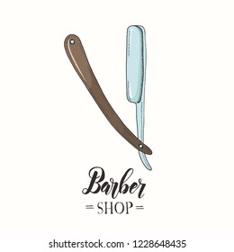 Barber Shop. Hand drawn color razor
in sketch style. Hand made lettering. Vector illustration