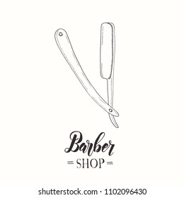 Barber Shop. Hand drawn razor
in sketch style. Hand made lettering. Vector illustration