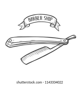 Barber Shop. Hand drawn razorin sketch style. Hand made lettering. Vector illustration
