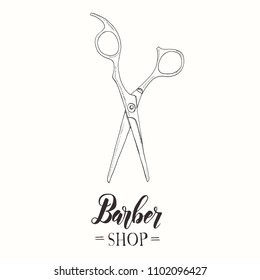 Barber Shop. Hand drawn scissors
in sketch style. Hand made lettering. Vector illustration