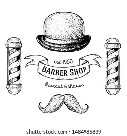 Barber shop hand drawn vector illustration. Engraving label for barbershop. Hand drawn design elements.