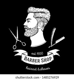 Barber shop hand drawn vector illustration. Sketch portrait of hipster man. Engraving label for barbershop. Hand drawn design elements. 