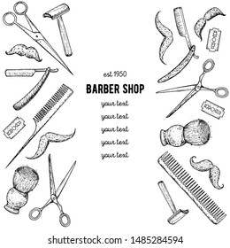 Barber shop hand drawn vector illustration. Engraving label for barbershop. Hand drawn design elements. Hand drawn sketch illustration for barbershop. Accessories for hairdresser.