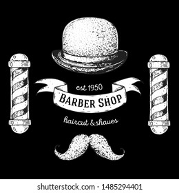 Barber shop hand drawn vector illustration. Engraving label for barbershop. Hand drawn design elements.