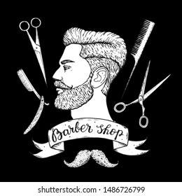 Barber shop hand drawn vector illustration. Sketch portrait of hipster man. Engraving label for barbershop. Hand drawn design elements. 