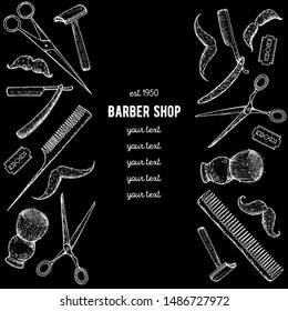 Barber shop hand drawn vector illustration. Engraving label for barbershop. Hand drawn design elements. Hand drawn sketch illustration for barbershop. Accessories for hairdresser.