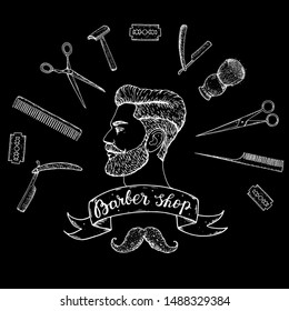 Barber shop hand drawn vector illustration. Sketch portrait of hipster man. Engraving label for barbershop. Hand drawn design elements 