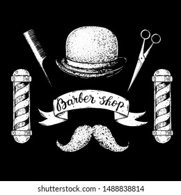 Barber shop hand drawn vector illustration. Engraving label for barbershop. Hand drawn design elements.
