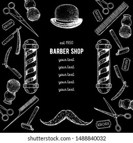 Barber shop hand drawn vector illustration. Engraving label for barbershop. Hand drawn design elements. Hand drawn sketch illustration for barbershop. Accessories for hairdresser