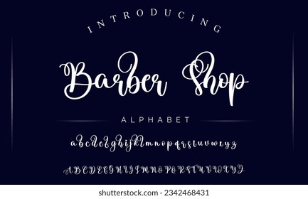 Alfabeto vectorial dibujado a mano por Barber Shop. Tipo de letra moderno del guión de la firma de monolina. Tipo de letra de firma elegante. Mejor Alfabeto Hermosa caligrafía Firma Letra tipográfica manuscrita