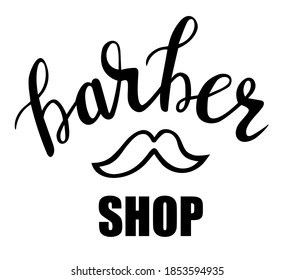 Barber shop hand written lettering logo, badge, label. Design logo template. Vintage emblem on white background. Vector illustration.