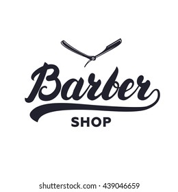 Barber shop hand written lettering calligraphy logotype. Barbershop vintage label, badge, emblem, logo. Vector illustration.