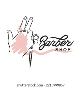 Barber Shop, Handwritten Quotes, Male Hand Holding Hair Scissors, Hairdresser Accessories, Doodle