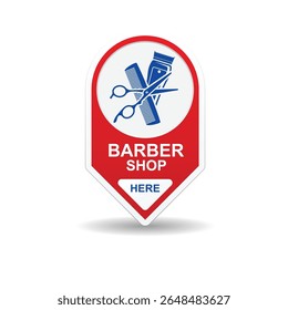 Sinal de barbearia aqui. Localização barbearia loja isolado em fundo vetor ilustração.