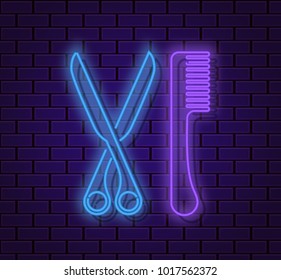 Barber shop hipster neon silhouette isolated icon, scissors and brush electic light background, hair salon signboard, vector illustration