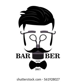 Barber Shop Hipster Silhouette Logo. Hairstyle Man with Mustache and Beard. Monochrome hairdresser icon. Razor, scissors mustache beard bow symbols