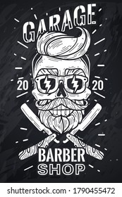 Barber shop hipster skull poster. Vector illustration chalk Board. Hipster head with glasses with straight razors
