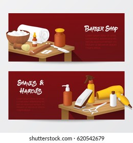 Barber Shop Horizontal Banners with Mens Fashion Tools. Hair Style Salon. Vector illustration