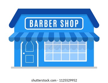 Barber shop icon.  Barbershop symbol, store. Sign in blue color . The facade of the building is in a flat style. A stylish geometric image. Vector illustration isolated on white background.