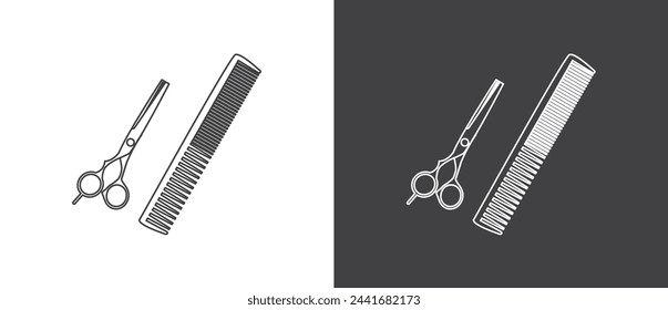 Barber shop icon in line style, Scissors and comb icon.  salon, hairdresser, haircut, hairdresser symbol or hair cutting tool icon. Barber shop vector stock illustration.