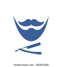 barber shop icon, razor and beard blue  over gray color backdrop