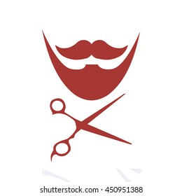 barber shop icon, scissors and beard red color over white color backdrop