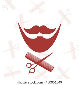 barber shop icon, scissors, comb and beard red color over white color backdrop